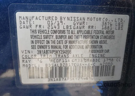 2019 Nissan Sentra Sv from USA, damaged, VIN 3N1AB7AP5KY294896